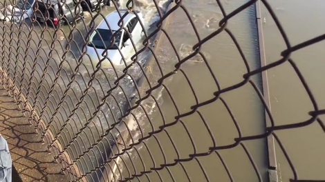 Voznik Toyote Prius se je odločil peljati kar po popolnoma poplavljeni cesti