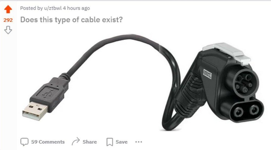 Samo za nepopravljive optimiste - polnjenje električnega avta preko USB priključka (foto: Twitter)